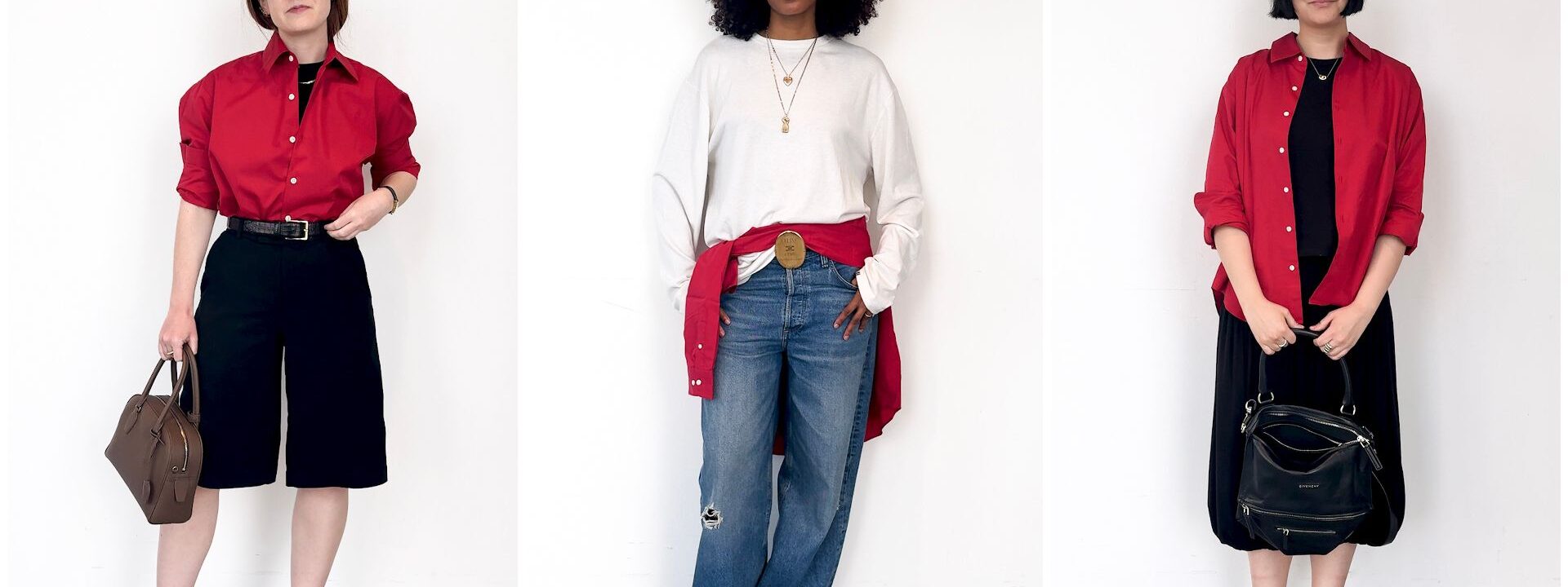 Three styles at work: the red shirt, courtesy of Comme Si.